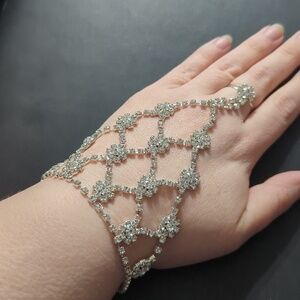 Silver Tone Clear Rhinestone Floral Bridal Hand Chain Bracelet Ring - Set of 2